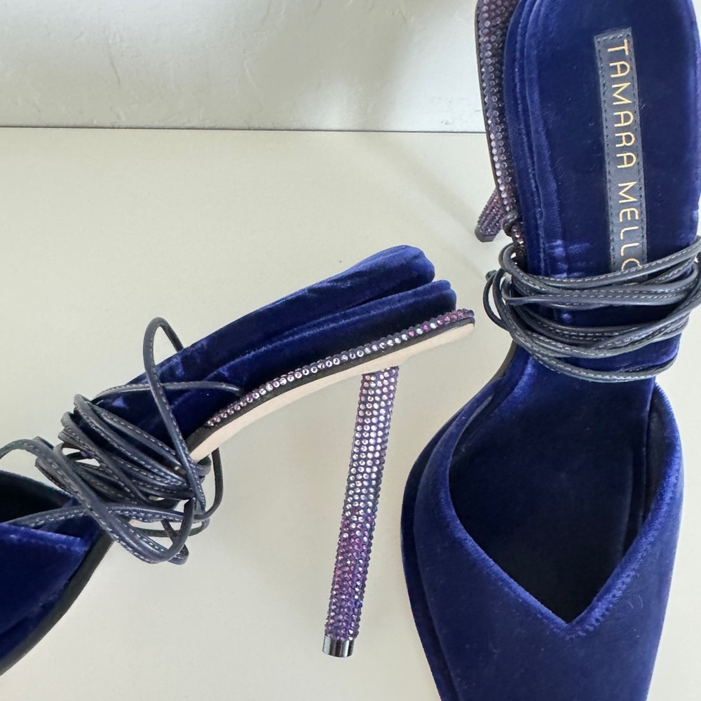 New Tamara Mellon Blue Velvet Heels with Wrap-Around Ankle Straps